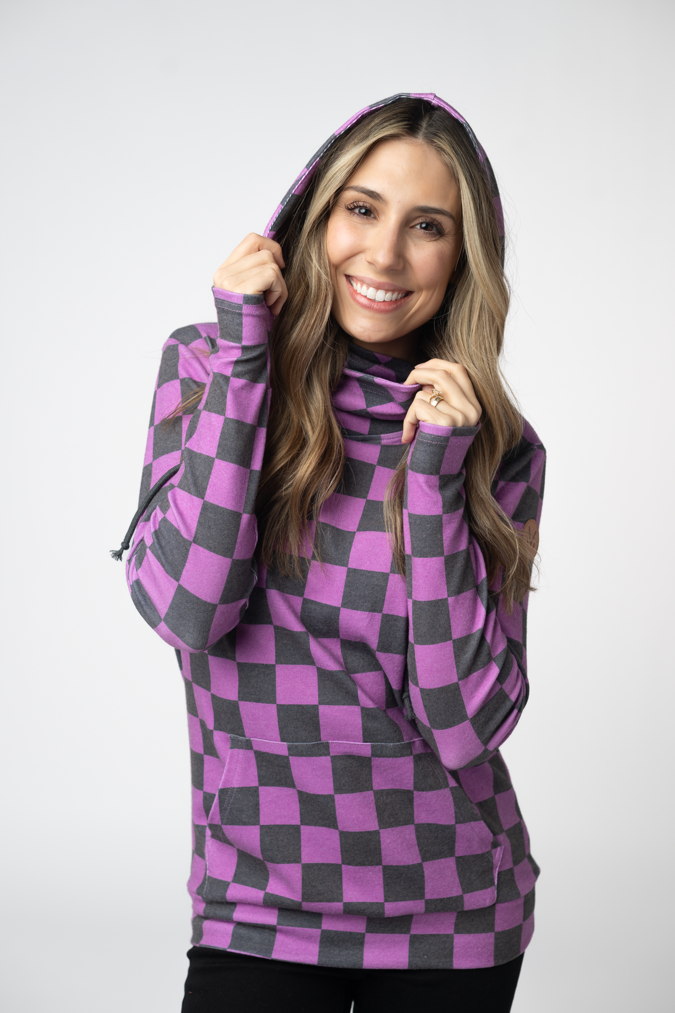 Michelle Mae Ashley Hoodie - Black and Purple Checkers