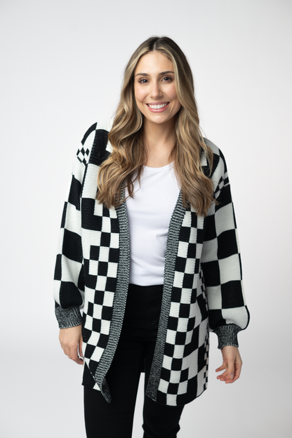 Michelle Mae Long Checkered Pocket Cardigan - Black and White