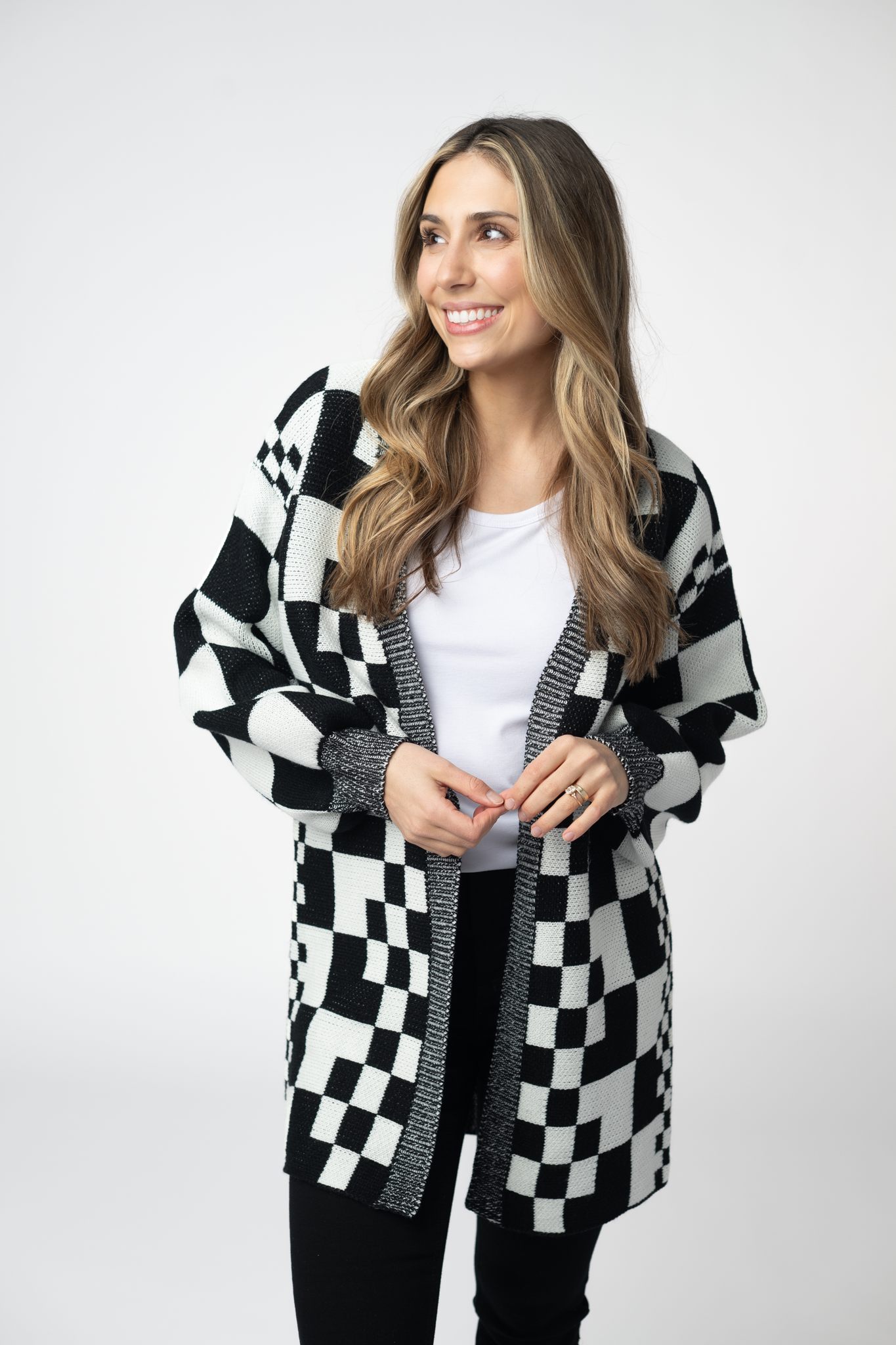 Michelle Mae Long Checkered Pocket Cardigan - Black and White