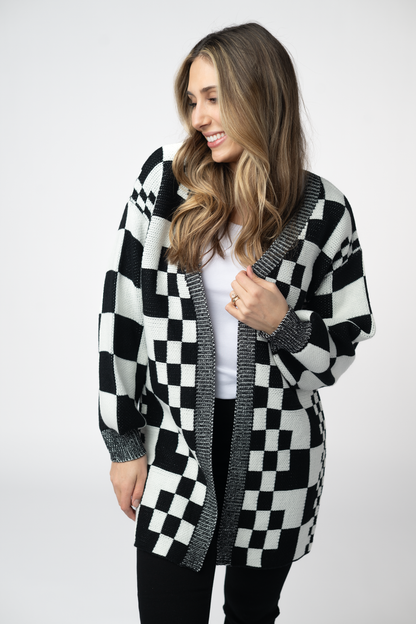Michelle Mae Long Checkered Pocket Cardigan - Black and White