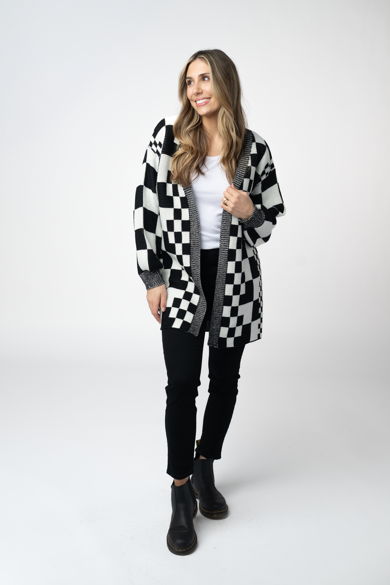 Michelle Mae Long Checkered Pocket Cardigan - Black and White