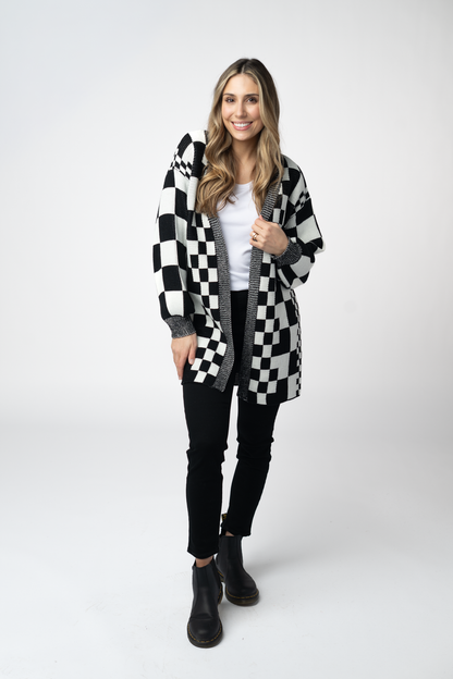 Michelle Mae Long Checkered Pocket Cardigan - Black and White