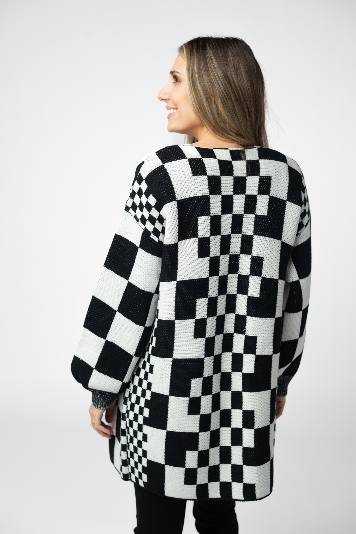 Michelle Mae Long Checkered Pocket Cardigan - Black and White