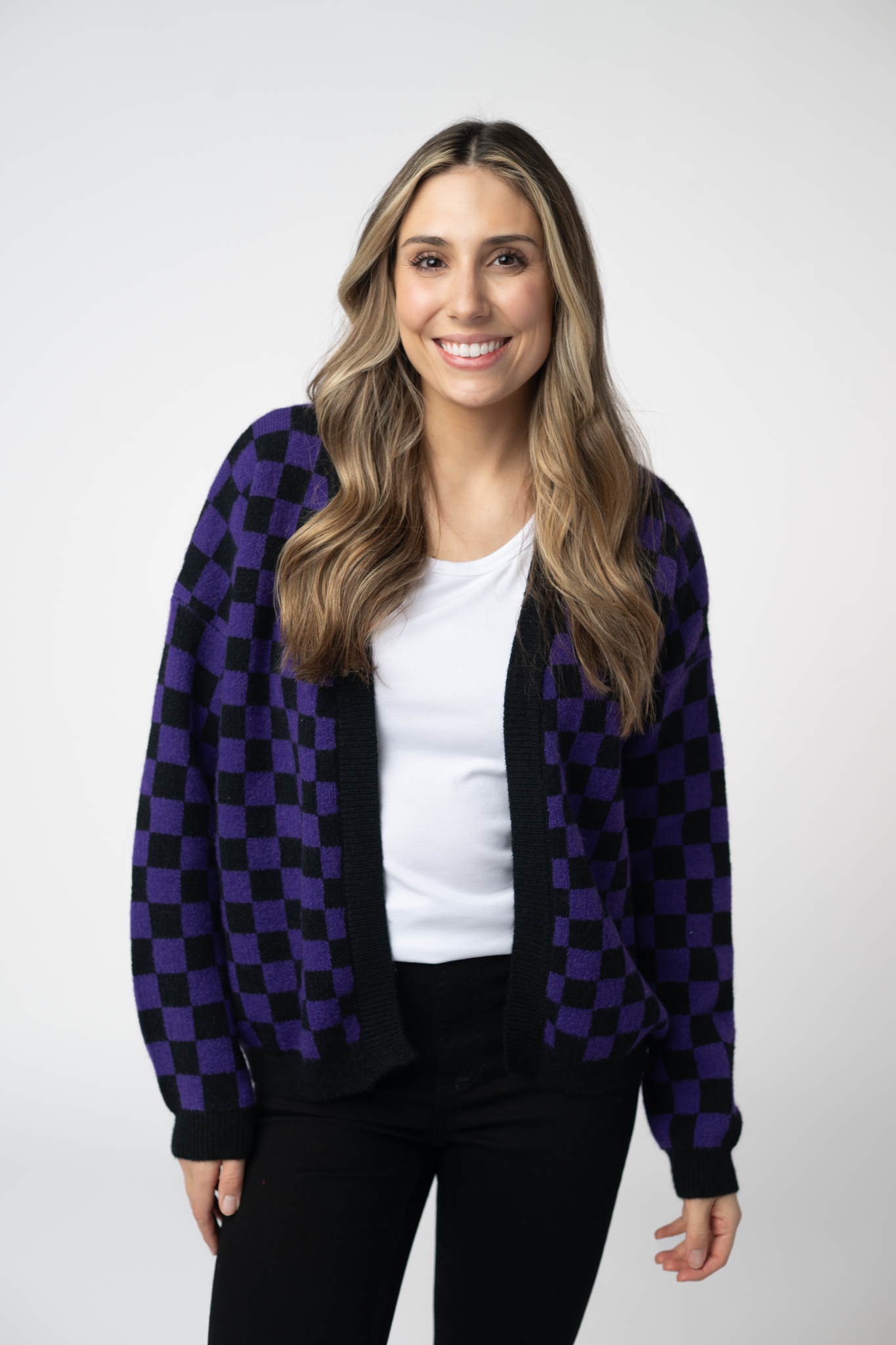 Michelle Mae Micro Checkered Cardigan - Black and Purple