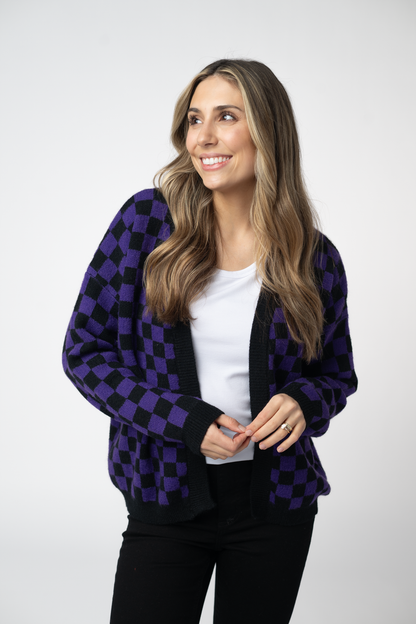 Michelle Mae Micro Checkered Cardigan - Black and Purple