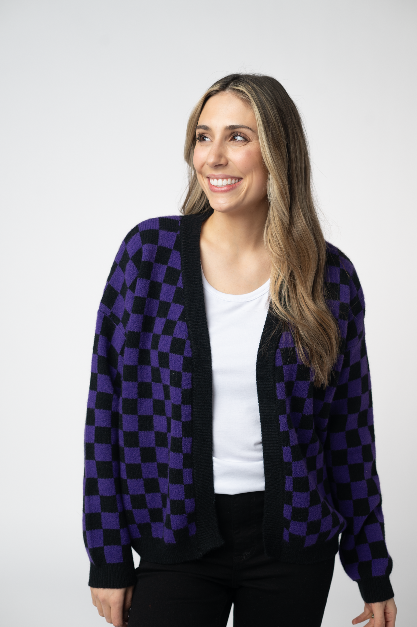 Michelle Mae Micro Checkered Cardigan - Black and Purple