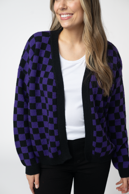 Michelle Mae Micro Checkered Cardigan - Black and Purple