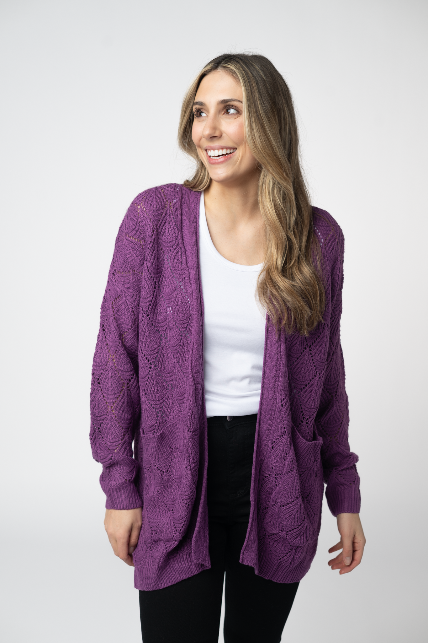 Michelle Mae Open Knit Cardigan - Purple