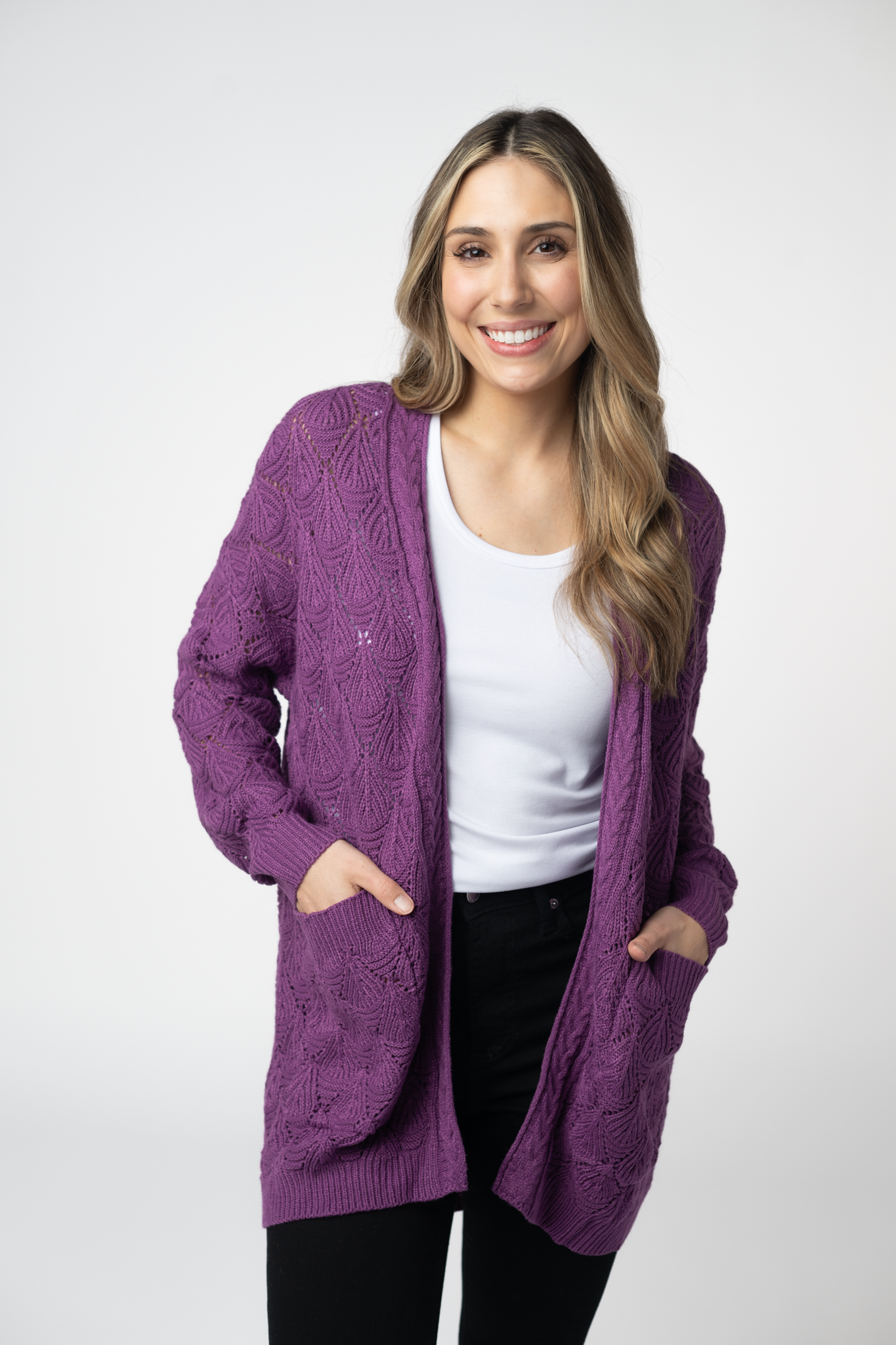 Michelle Mae Open Knit Cardigan - Purple