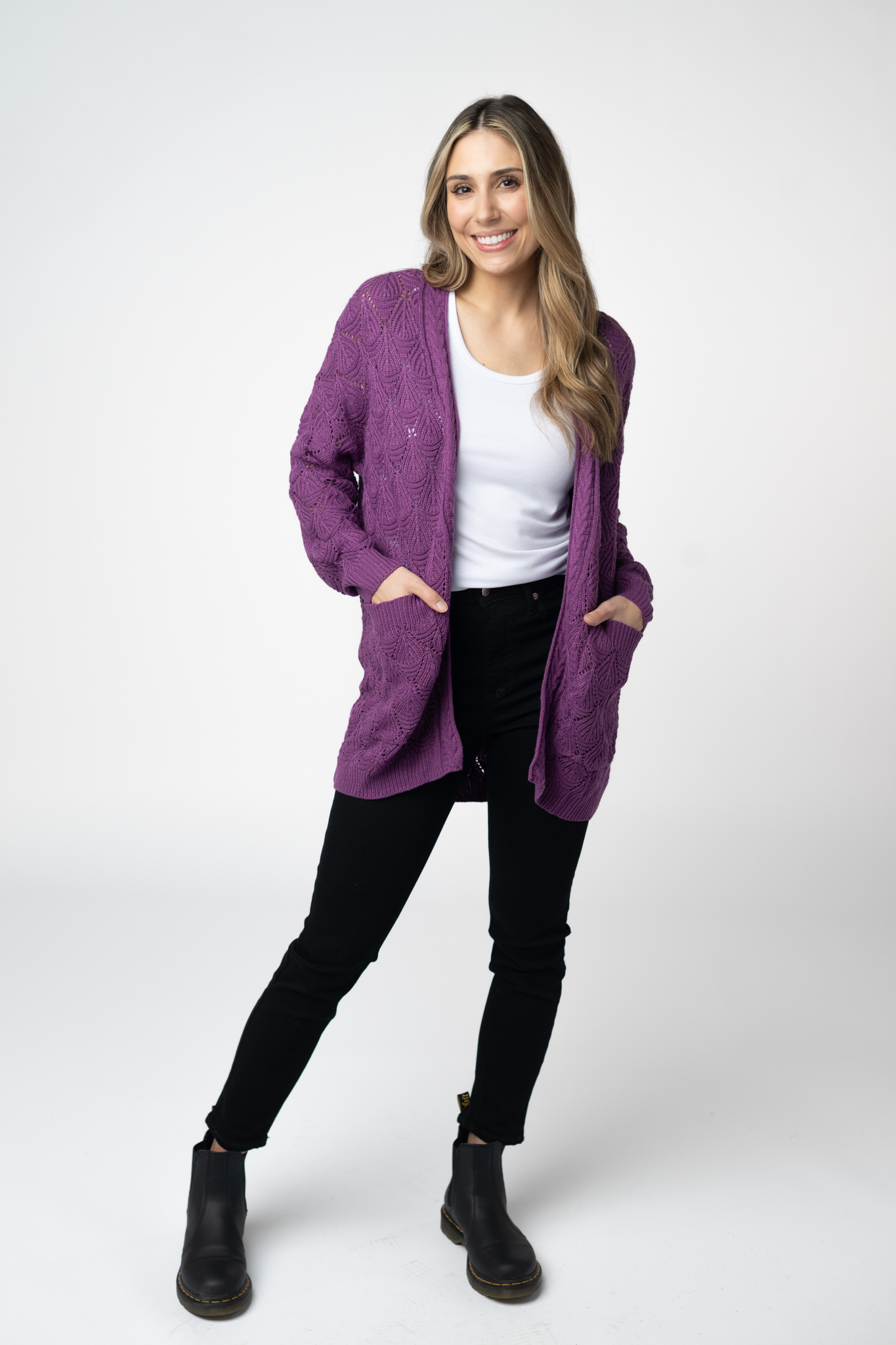 Michelle Mae Open Knit Cardigan - Purple
