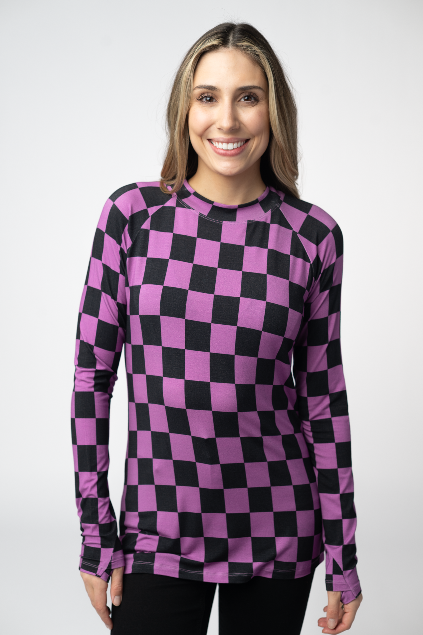 Michelle Mae  Blair Long Sleeve Top - Black and Purple Checkers