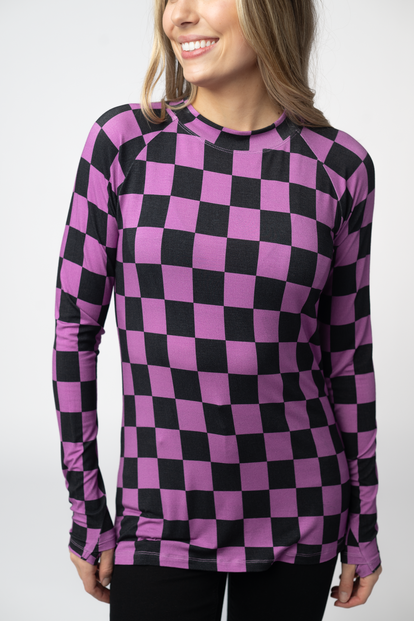 Michelle Mae  Blair Long Sleeve Top - Black and Purple Checkers