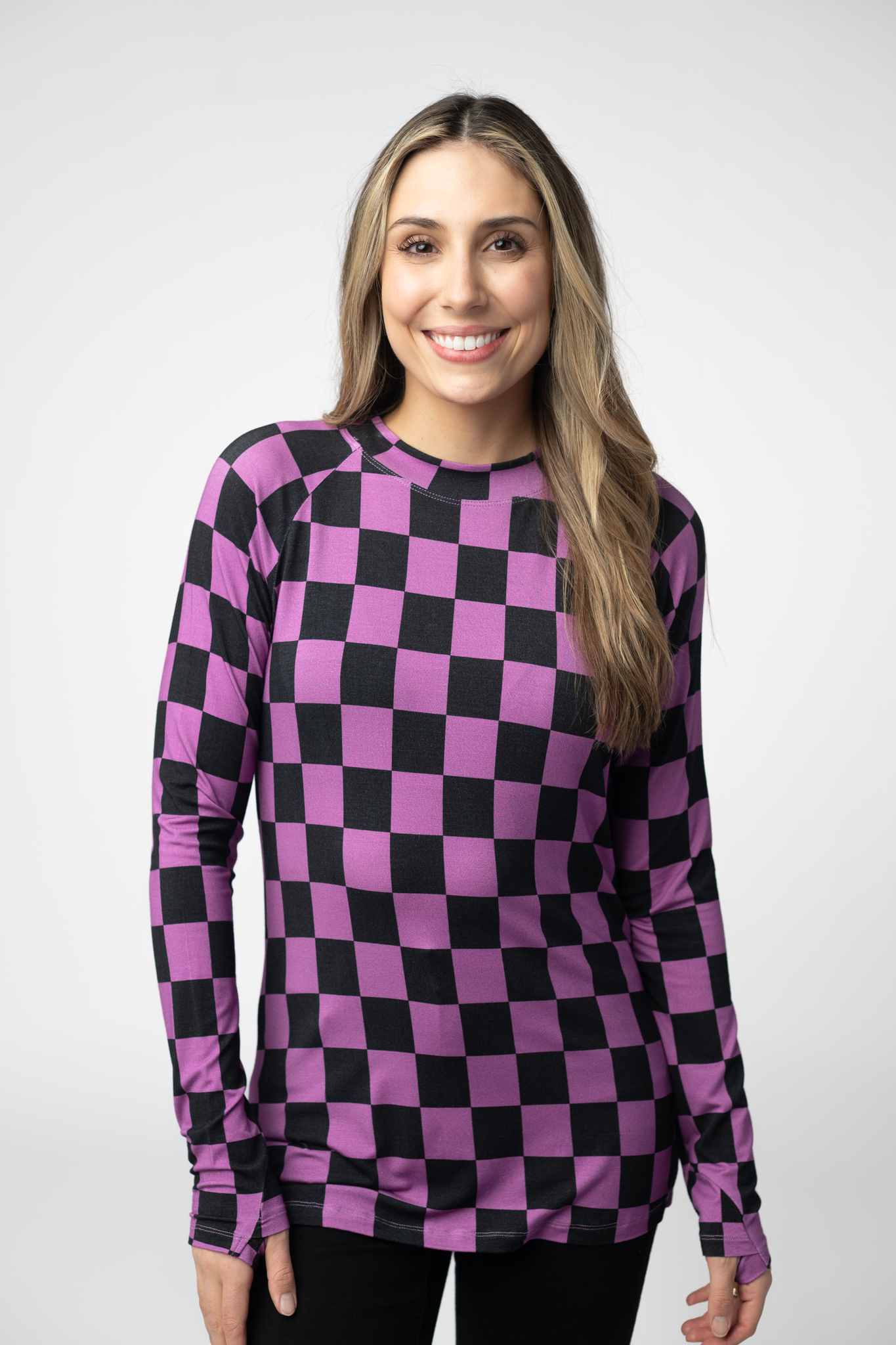 Michelle Mae  Blair Long Sleeve Top - Black and Purple Checkers