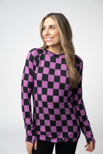 Michelle Mae  Blair Long Sleeve Top - Black and Purple Checkers