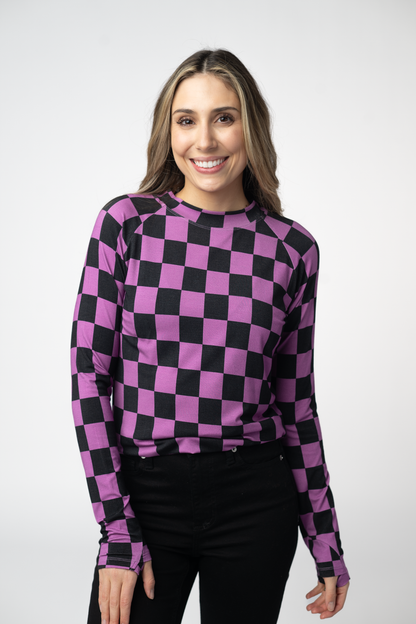 Michelle Mae  Blair Long Sleeve Top - Black and Purple Checkers