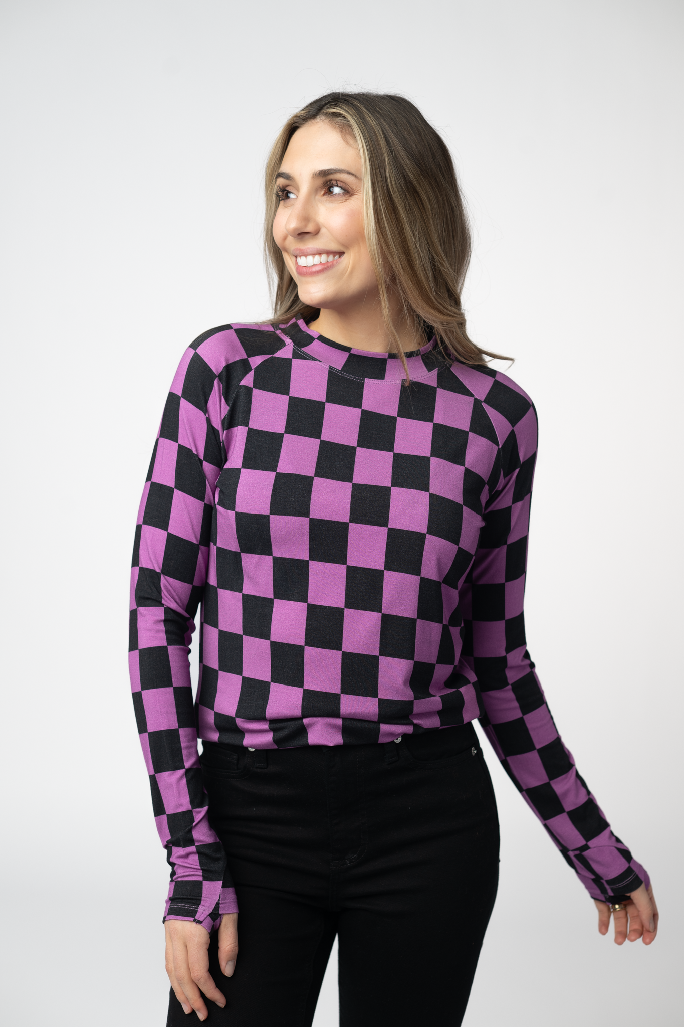 Michelle Mae  Blair Long Sleeve Top - Black and Purple Checkers