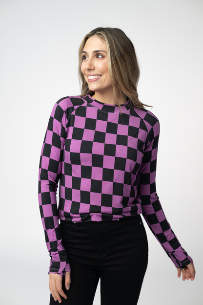 Michelle Mae  Blair Long Sleeve Top - Black and Purple Checkers