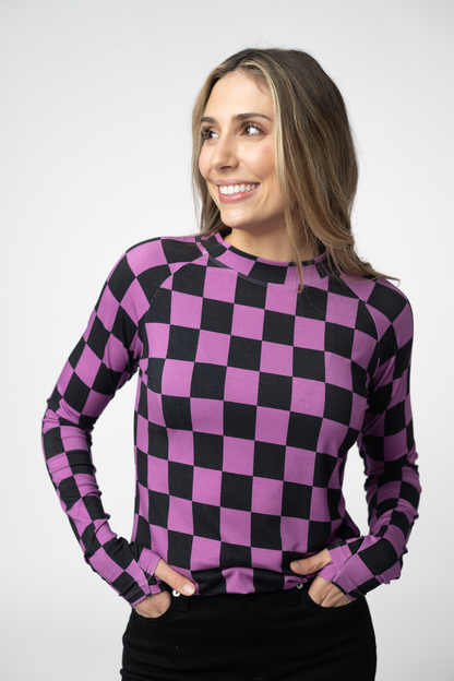 Michelle Mae  Blair Long Sleeve Top - Black and Purple Checkers