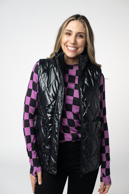 Michelle Mae Remy Zip Up Vest - Shiny Black
