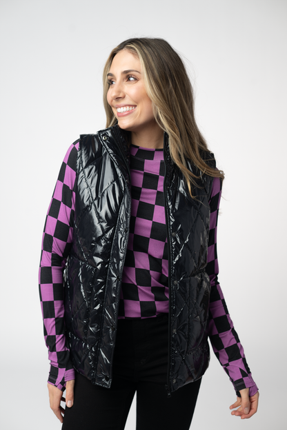 Michelle Mae Remy Zip Up Vest - Shiny Black