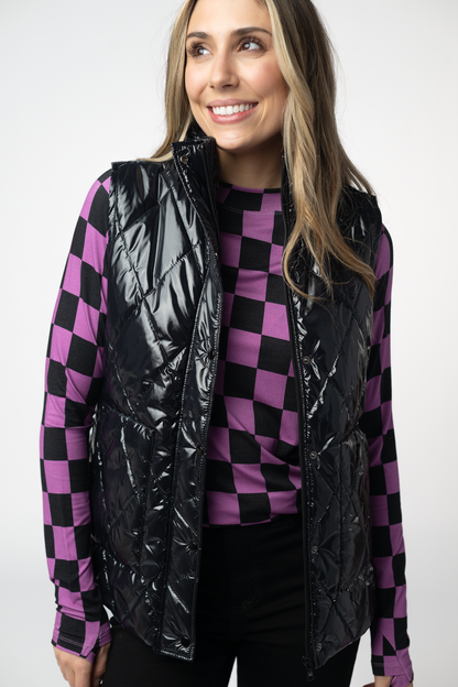 Michelle Mae Remy Zip Up Vest - Shiny Black