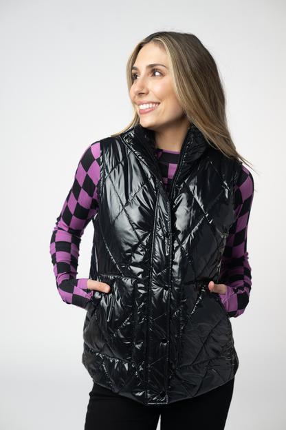 Michelle Mae Remy Zip Up Vest - Shiny Black