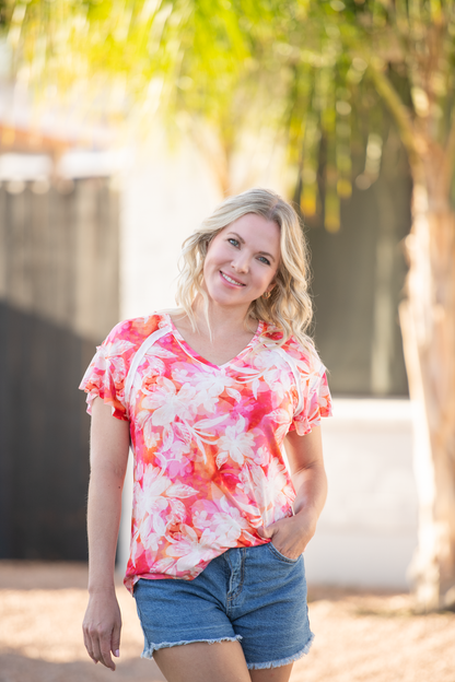 Michelle Mae Raelynn V-Neck Top - Sunset Tropical Floral