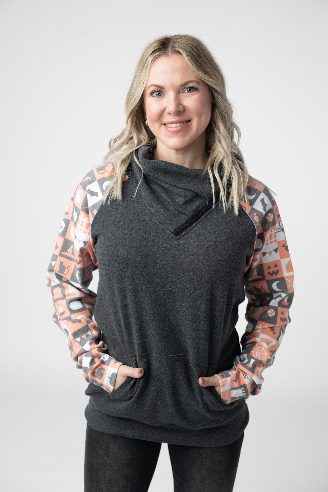 Michelle Mae Zoey ZipCowl Sweatshirt -Trick-or-Treat Checkered and Charcoal