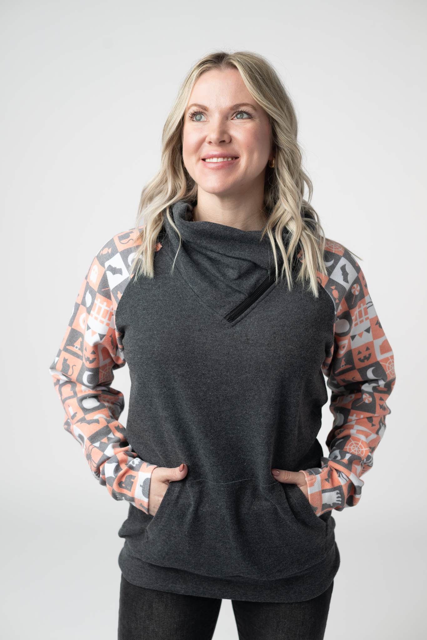 Michelle Mae Zoey ZipCowl Sweatshirt -Trick-or-Treat Checkered and Charcoal