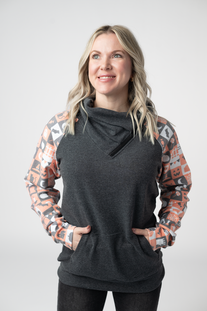 Michelle Mae Zoey ZipCowl Sweatshirt -Trick-or-Treat Checkered and Charcoal
