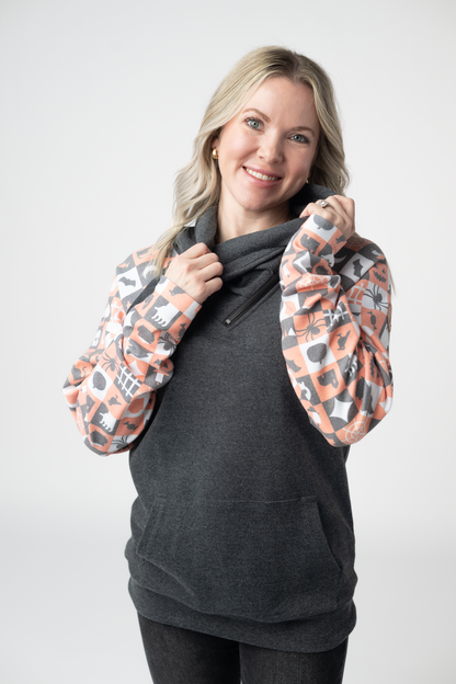 Michelle Mae Zoey ZipCowl Sweatshirt -Trick-or-Treat Checkered and Charcoal