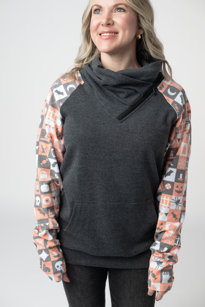 Michelle Mae Zoey ZipCowl Sweatshirt -Trick-or-Treat Checkered and Charcoal