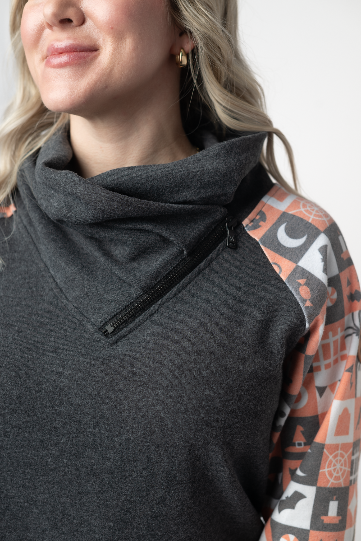 Michelle Mae Zoey ZipCowl Sweatshirt -Trick-or-Treat Checkered and Charcoal