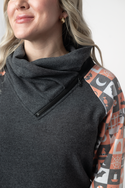 Michelle Mae Zoey ZipCowl Sweatshirt -Trick-or-Treat Checkered and Charcoal