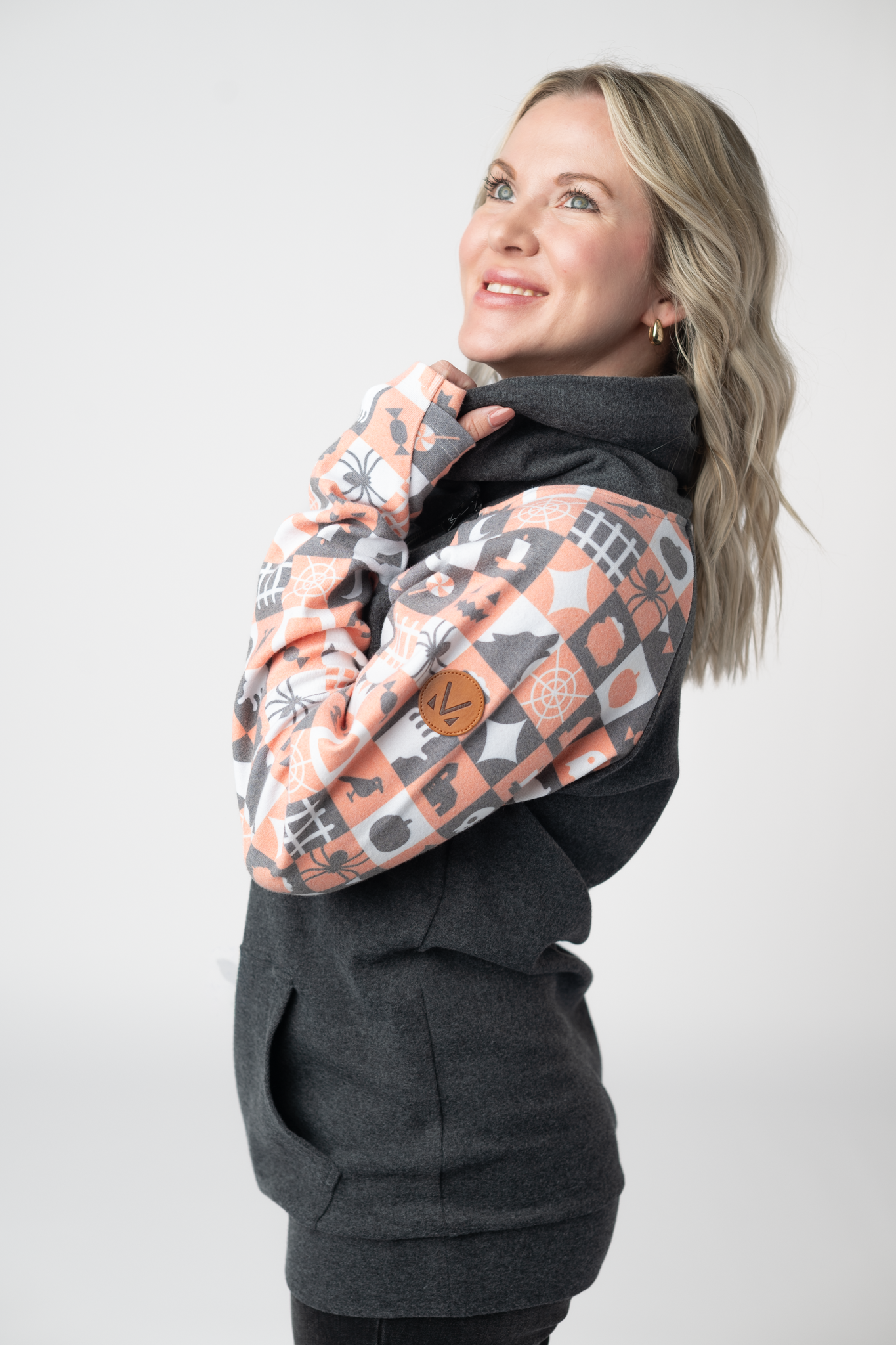Michelle Mae Zoey ZipCowl Sweatshirt -Trick-or-Treat Checkered and Charcoal