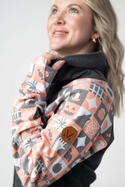 Michelle Mae Zoey ZipCowl Sweatshirt -Trick-or-Treat Checkered and Charcoal