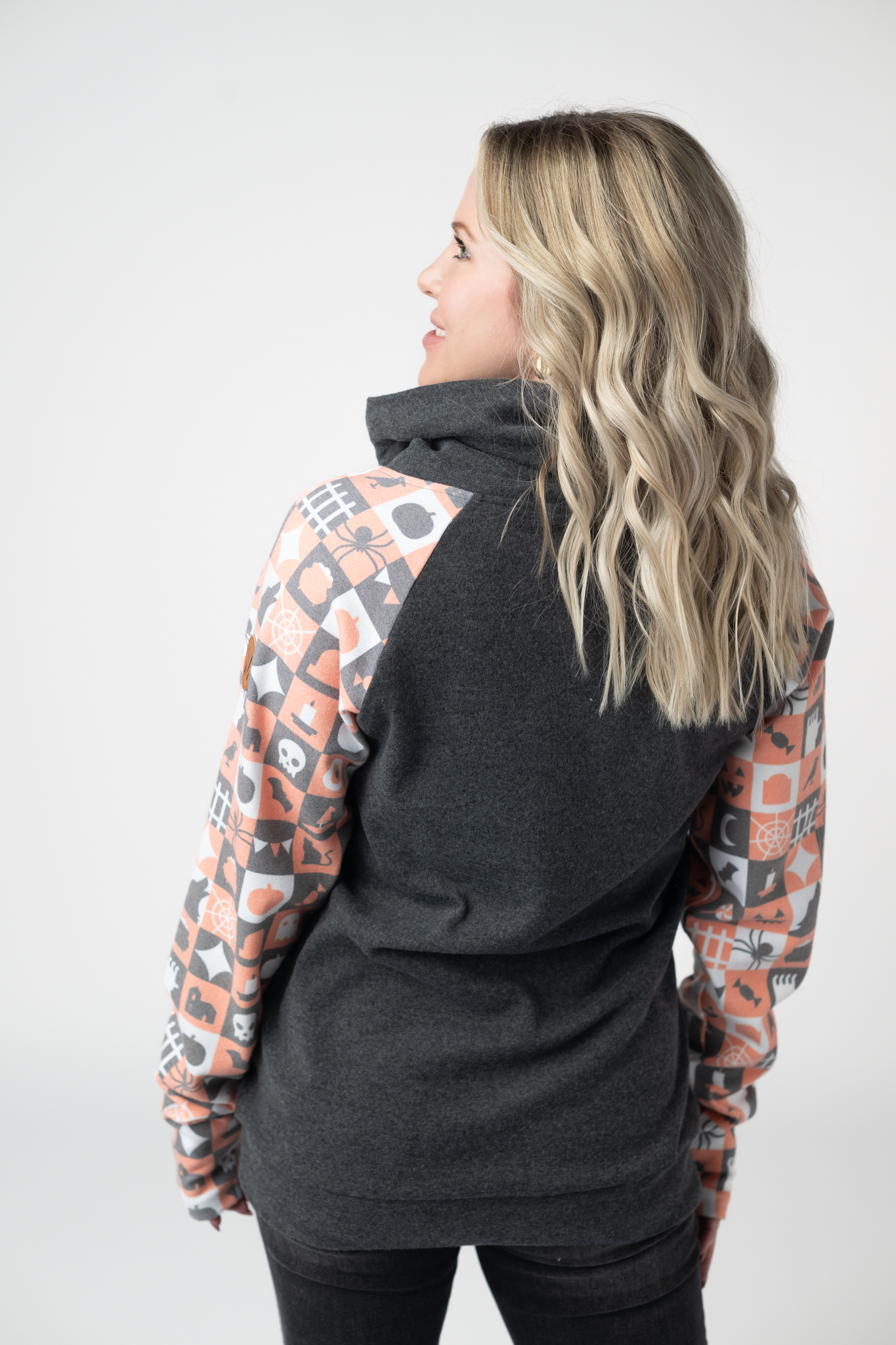 Michelle Mae Zoey ZipCowl Sweatshirt -Trick-or-Treat Checkered and Charcoal