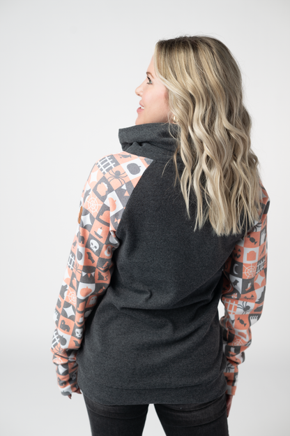 Michelle Mae Zoey ZipCowl Sweatshirt -Trick-or-Treat Checkered and Charcoal