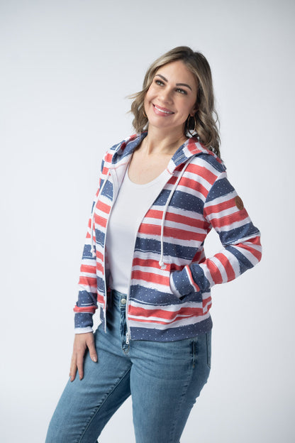 Michelle Mae Fullzip Hoodie - Striped Red, White, and Micro Blue Stars