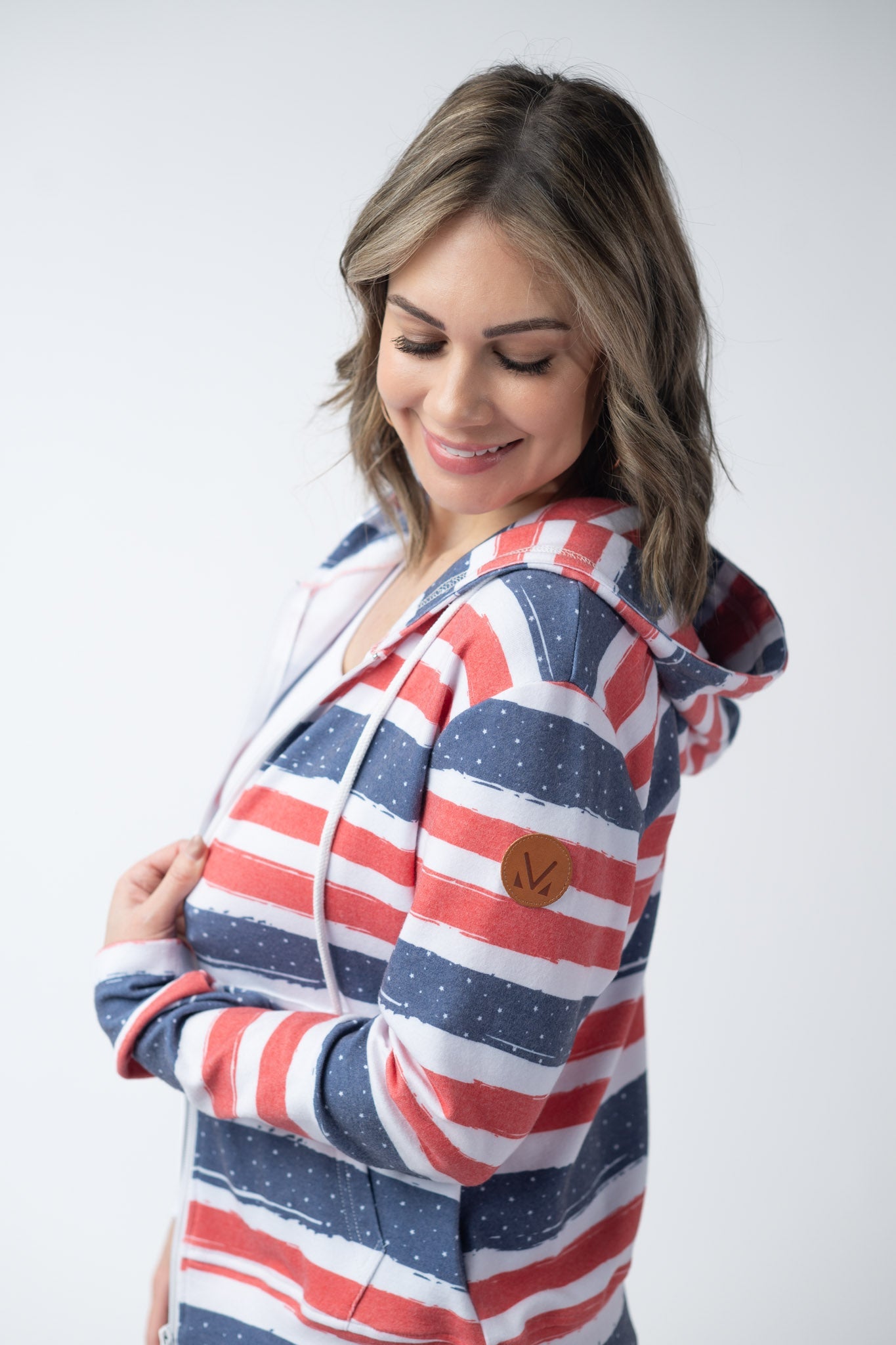 Michelle Mae Fullzip Hoodie - Striped Red, White, and Micro Blue Stars