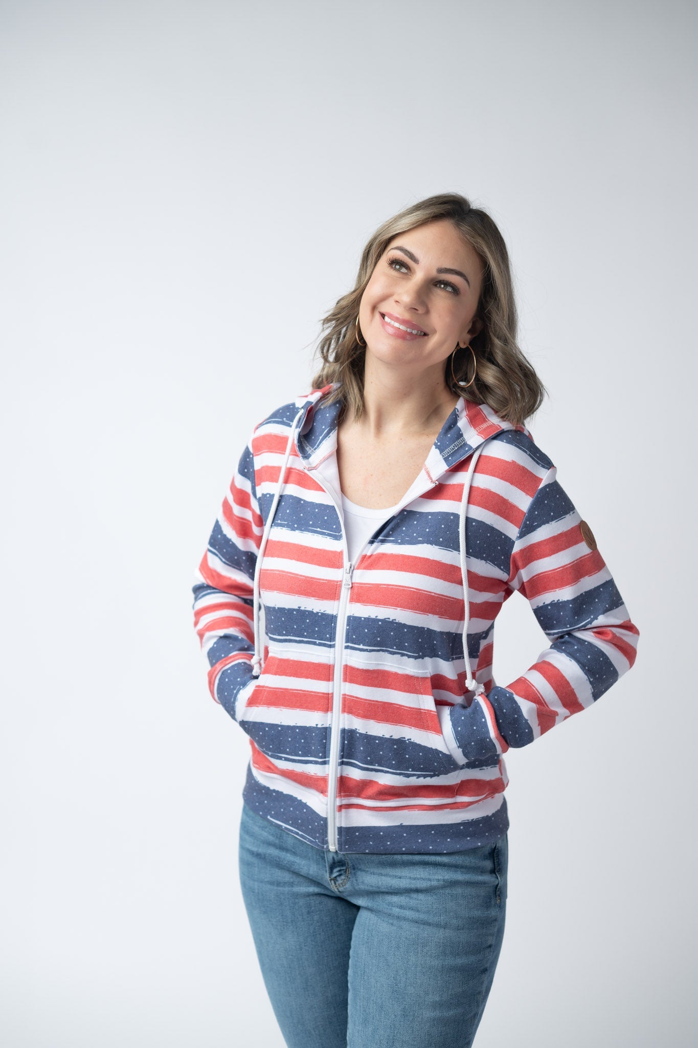Michelle Mae Fullzip Hoodie - Striped Red, White, and Micro Blue Stars