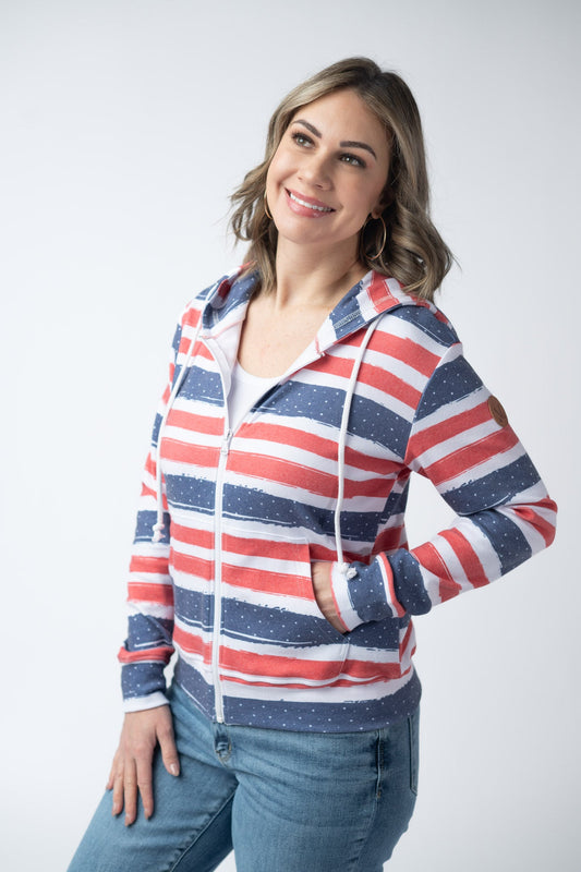 Michelle Mae Fullzip Hoodie - Striped Red, White, and Micro Blue Stars