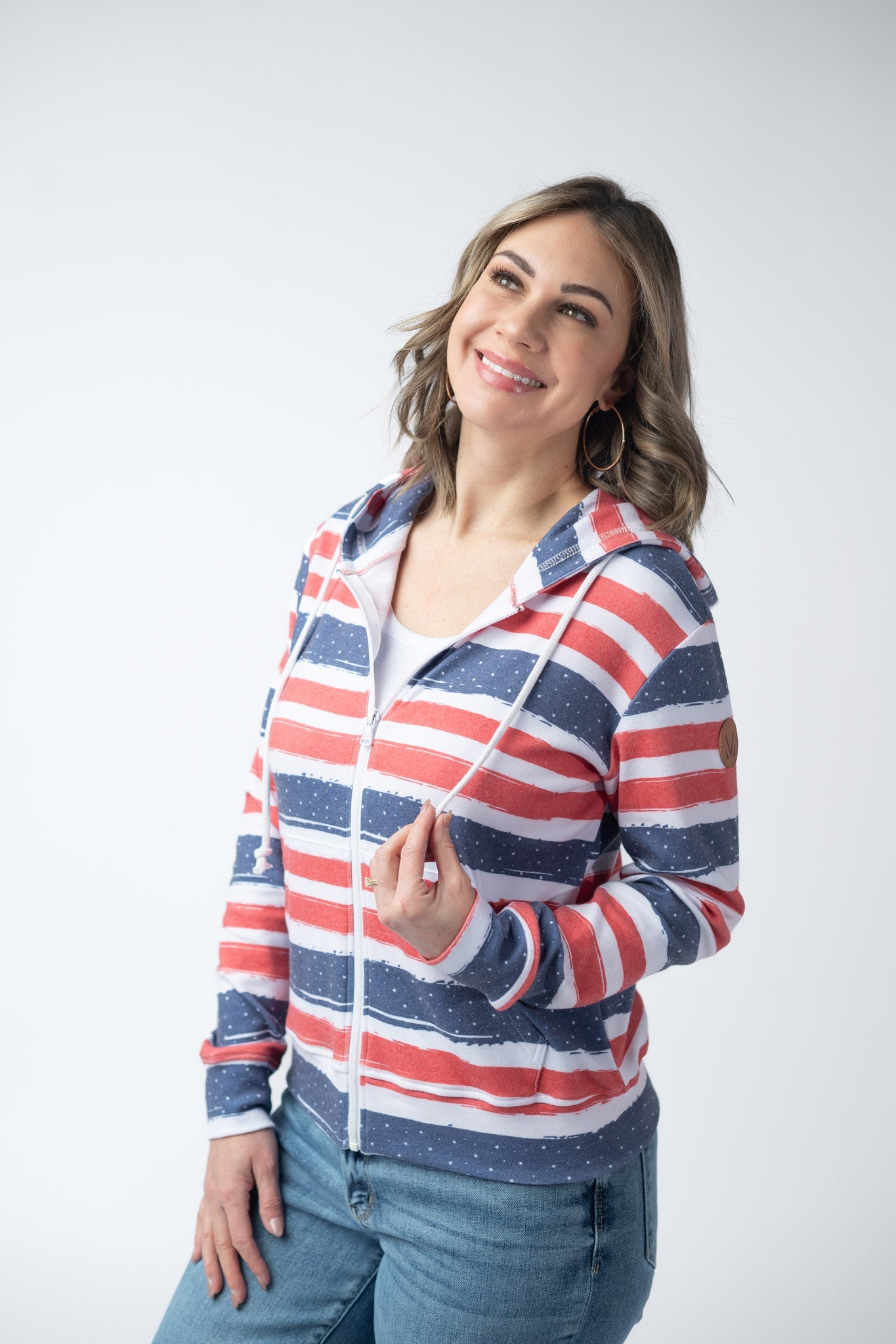Michelle Mae Fullzip Hoodie - Striped Red, White, and Micro Blue Stars