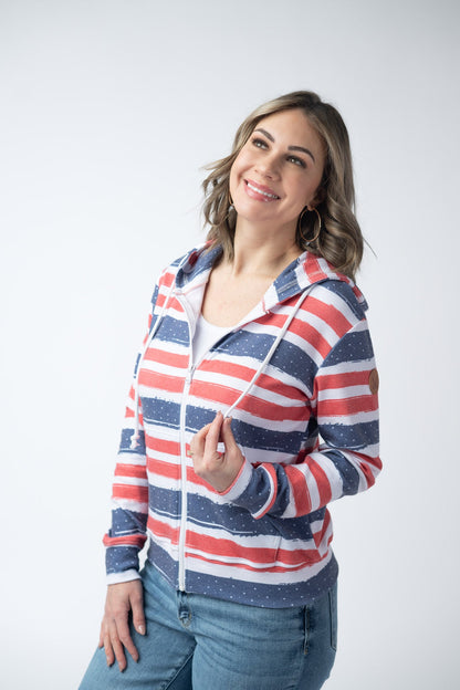 Michelle Mae Fullzip Hoodie - Striped Red, White, and Micro Blue Stars
