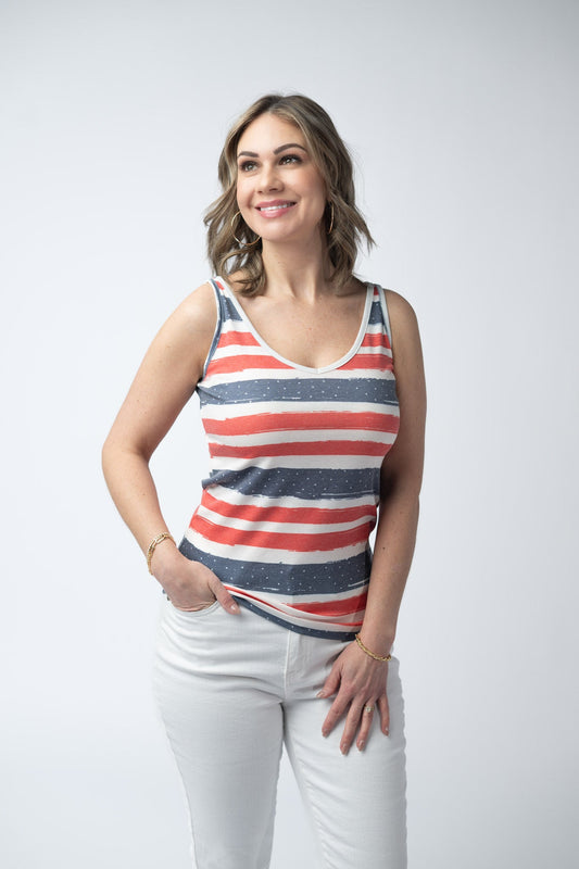Michelle Mae Kennedy Tank - Striped Red, White, and Micro Blue Stars