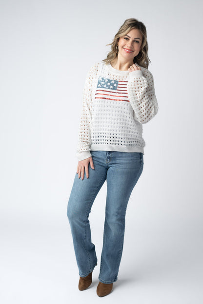 Michelle Mae USA Sequin Flag Open Knit Pullover