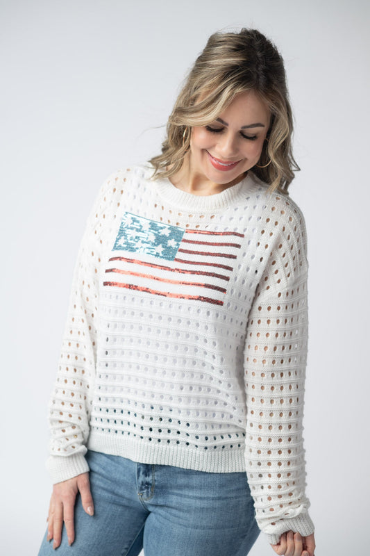 Michelle Mae USA Sequin Flag Open Knit Pullover
