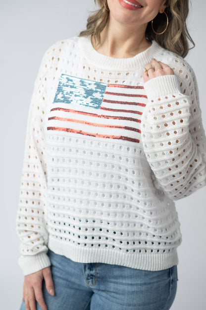 Michelle Mae USA Sequin Flag Open Knit Pullover