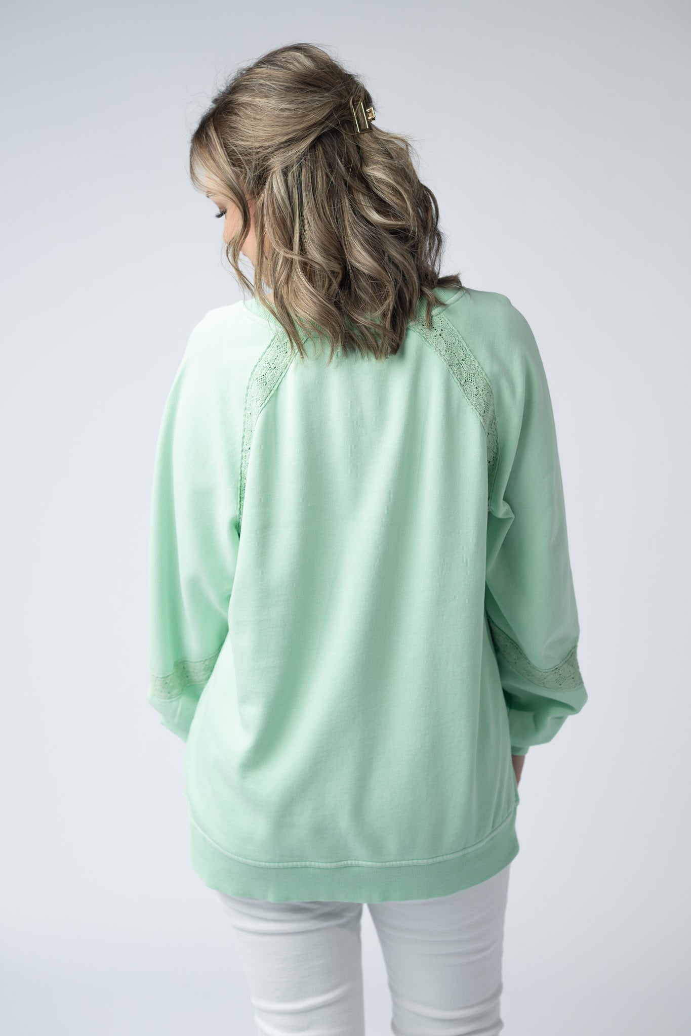 Michelle Mae Lace Accent Vintage Wash Pullover - Mint
