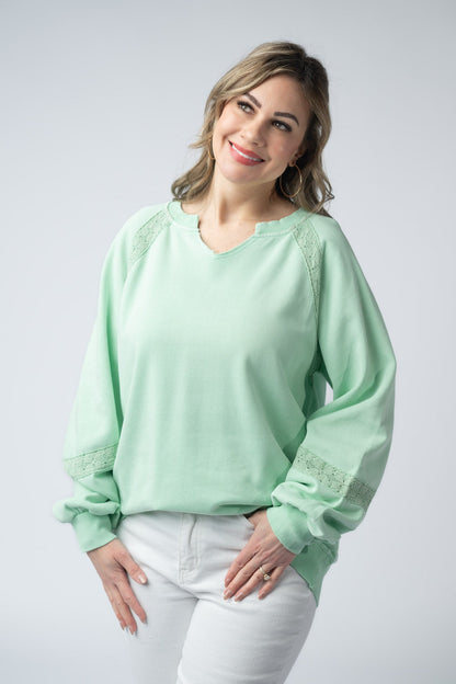 Michelle Mae Lace Accent Vintage Wash Pullover - Mint